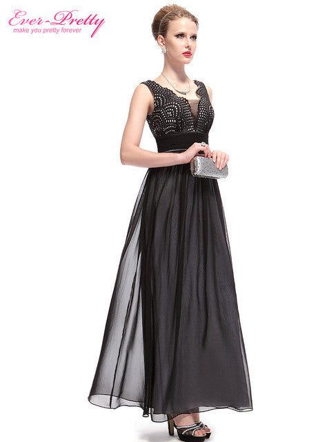 Evening Dresses Ever Pretty HE08019 Double V-neck Sequined Bust Ruched Waist Black Long 2017 vestidos